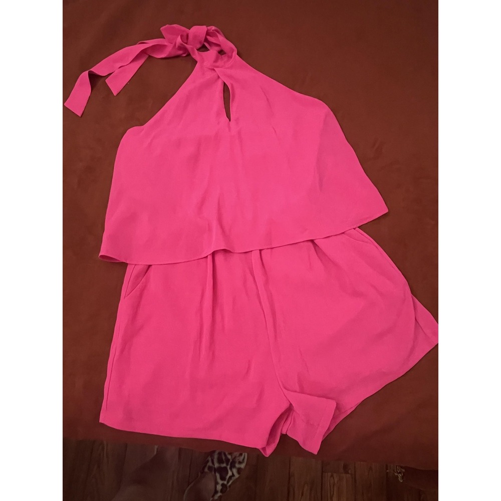 Ee:some Romper Womens M Pink Halter Layered Overlay Crepe Pockets Party